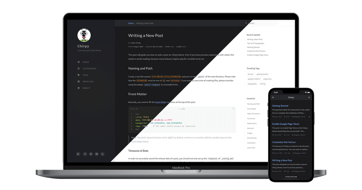 在多个设备上响应渲染Chirpy主题。
